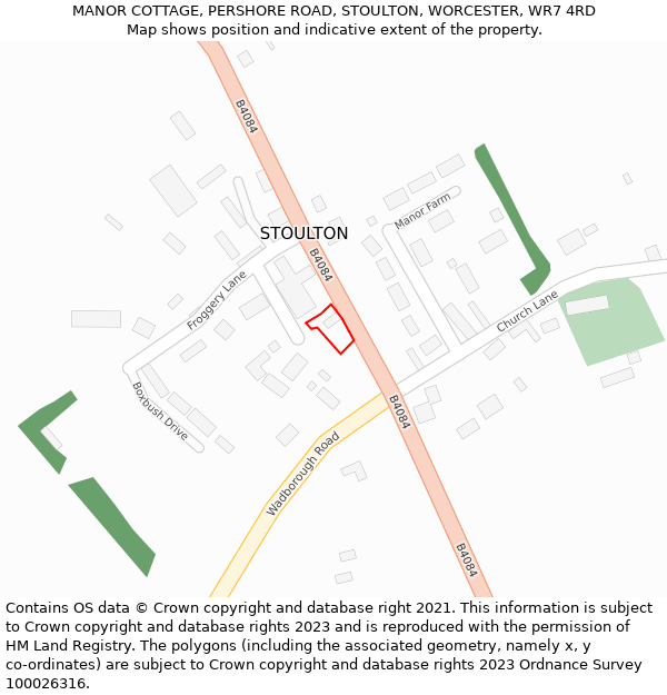 MANOR COTTAGE, PERSHORE ROAD, STOULTON, WORCESTER, WR7 4RD: Location map and indicative extent of plot