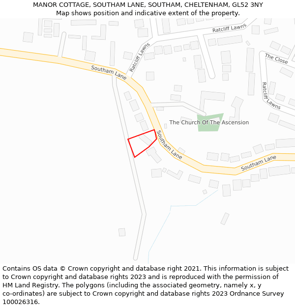 MANOR COTTAGE, SOUTHAM LANE, SOUTHAM, CHELTENHAM, GL52 3NY: Location map and indicative extent of plot