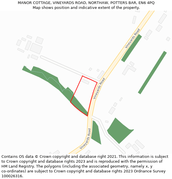 MANOR COTTAGE, VINEYARDS ROAD, NORTHAW, POTTERS BAR, EN6 4PQ: Location map and indicative extent of plot