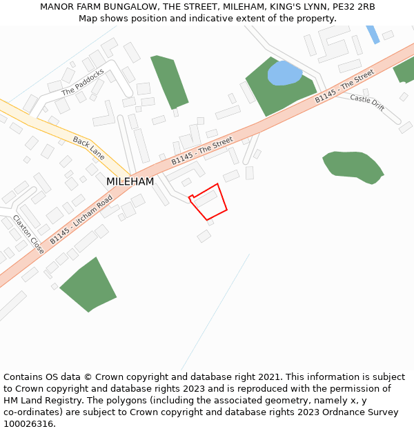 MANOR FARM BUNGALOW, THE STREET, MILEHAM, KING'S LYNN, PE32 2RB: Location map and indicative extent of plot