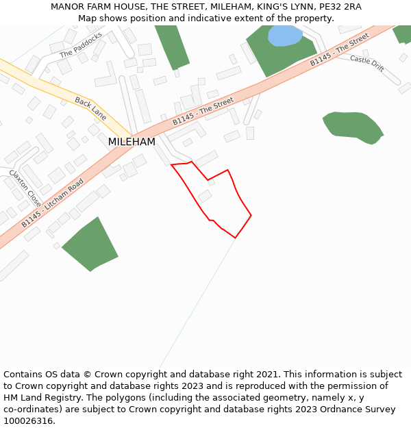 MANOR FARM HOUSE, THE STREET, MILEHAM, KING'S LYNN, PE32 2RA: Location map and indicative extent of plot