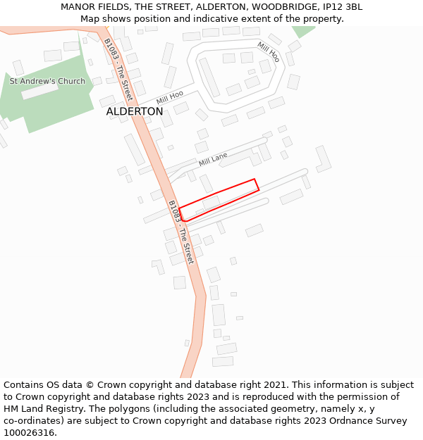 MANOR FIELDS, THE STREET, ALDERTON, WOODBRIDGE, IP12 3BL: Location map and indicative extent of plot