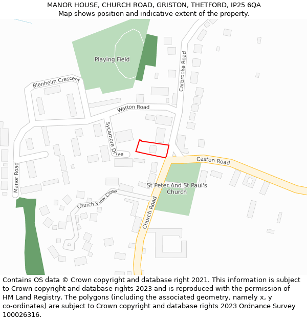 MANOR HOUSE, CHURCH ROAD, GRISTON, THETFORD, IP25 6QA: Location map and indicative extent of plot