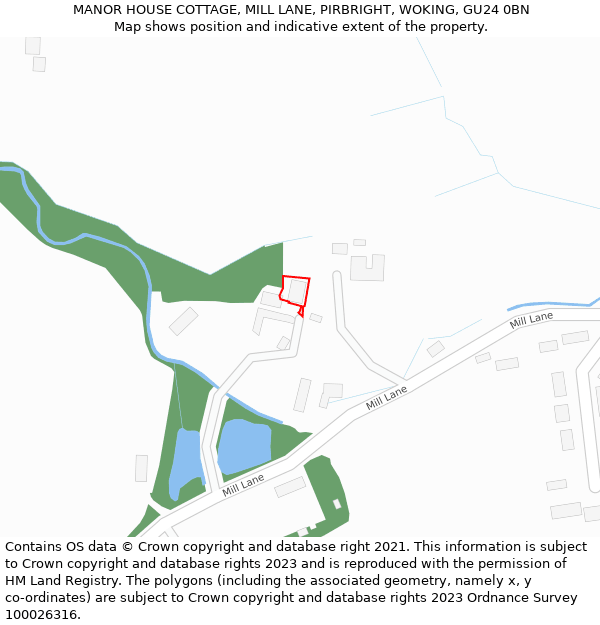 MANOR HOUSE COTTAGE, MILL LANE, PIRBRIGHT, WOKING, GU24 0BN: Location map and indicative extent of plot