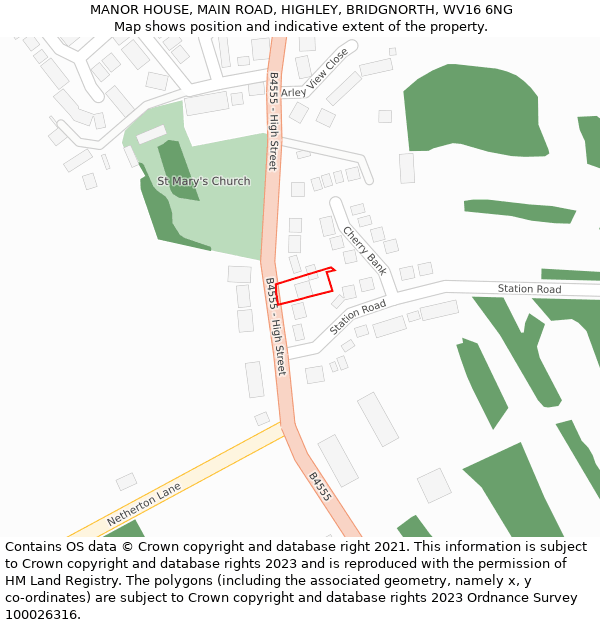 MANOR HOUSE, MAIN ROAD, HIGHLEY, BRIDGNORTH, WV16 6NG: Location map and indicative extent of plot