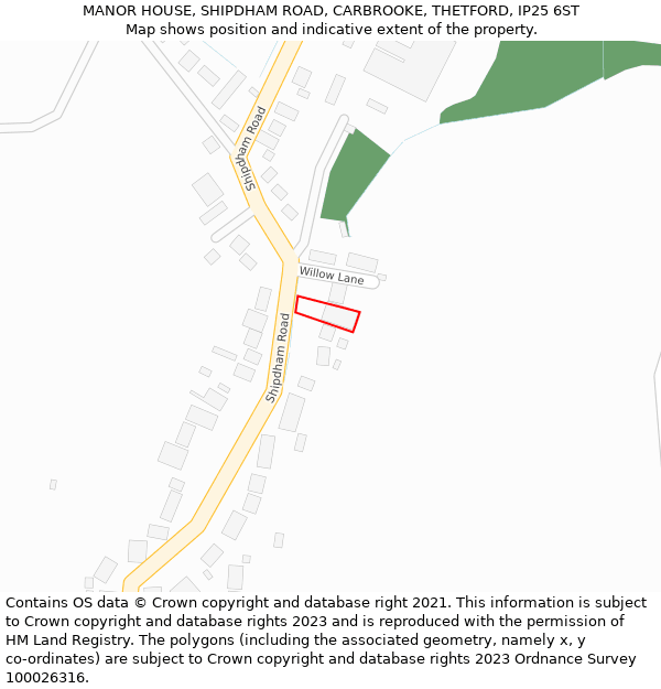 MANOR HOUSE, SHIPDHAM ROAD, CARBROOKE, THETFORD, IP25 6ST: Location map and indicative extent of plot