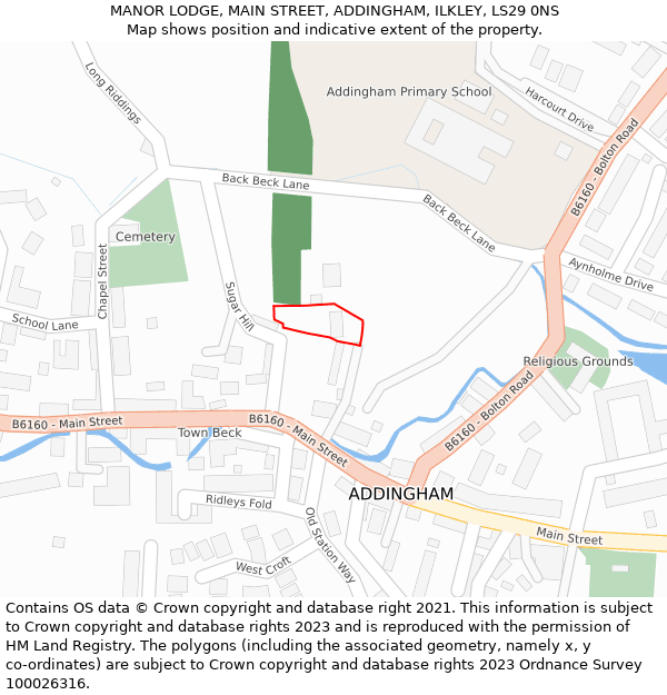 MANOR LODGE, MAIN STREET, ADDINGHAM, ILKLEY, LS29 0NS: Location map and indicative extent of plot