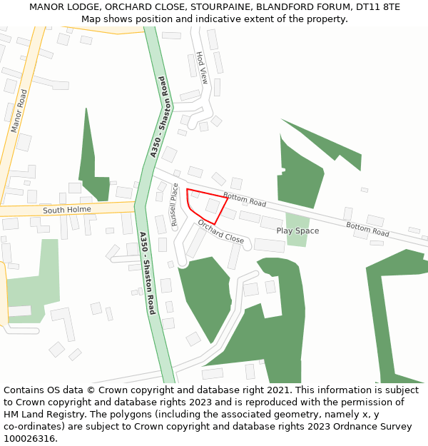 MANOR LODGE, ORCHARD CLOSE, STOURPAINE, BLANDFORD FORUM, DT11 8TE: Location map and indicative extent of plot