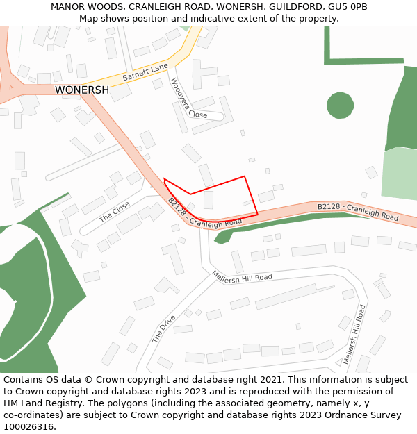 MANOR WOODS, CRANLEIGH ROAD, WONERSH, GUILDFORD, GU5 0PB: Location map and indicative extent of plot