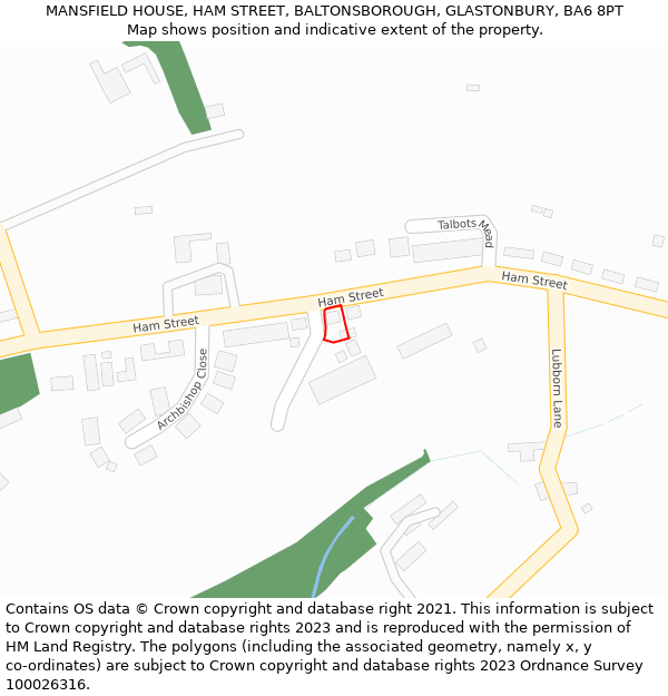 MANSFIELD HOUSE, HAM STREET, BALTONSBOROUGH, GLASTONBURY, BA6 8PT: Location map and indicative extent of plot