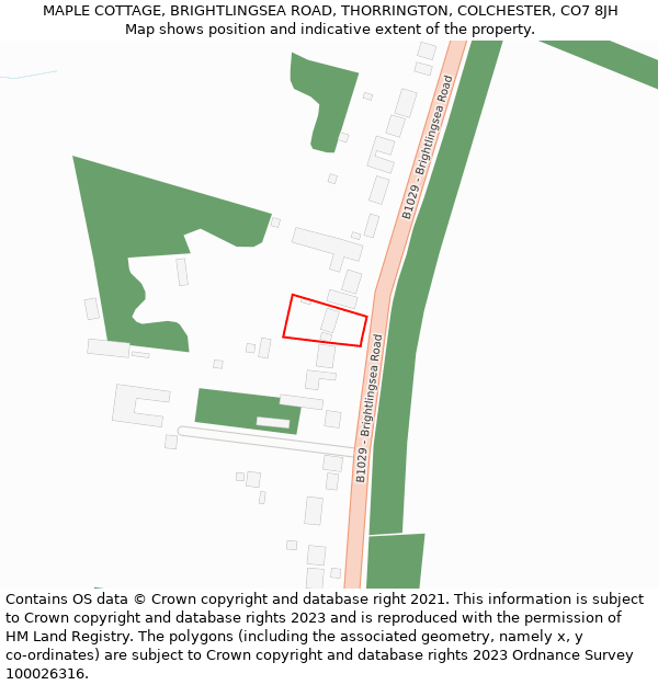 MAPLE COTTAGE, BRIGHTLINGSEA ROAD, THORRINGTON, COLCHESTER, CO7 8JH: Location map and indicative extent of plot