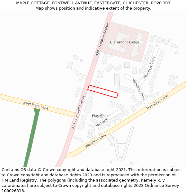 MAPLE COTTAGE, FONTWELL AVENUE, EASTERGATE, CHICHESTER, PO20 3RY: Location map and indicative extent of plot