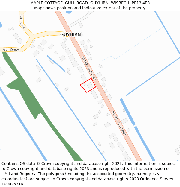 MAPLE COTTAGE, GULL ROAD, GUYHIRN, WISBECH, PE13 4ER: Location map and indicative extent of plot