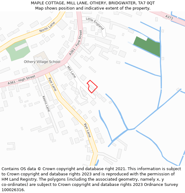 MAPLE COTTAGE, MILL LANE, OTHERY, BRIDGWATER, TA7 0QT: Location map and indicative extent of plot