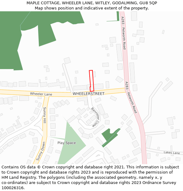 MAPLE COTTAGE, WHEELER LANE, WITLEY, GODALMING, GU8 5QP: Location map and indicative extent of plot