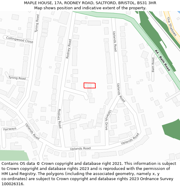 MAPLE HOUSE, 17A, RODNEY ROAD, SALTFORD, BRISTOL, BS31 3HR: Location map and indicative extent of plot