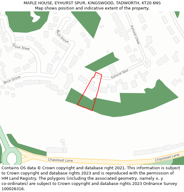 MAPLE HOUSE, EYHURST SPUR, KINGSWOOD, TADWORTH, KT20 6NS: Location map and indicative extent of plot