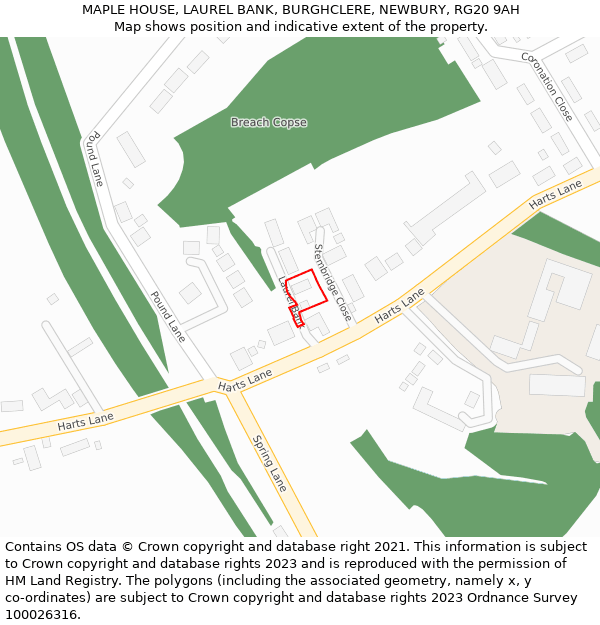 MAPLE HOUSE, LAUREL BANK, BURGHCLERE, NEWBURY, RG20 9AH: Location map and indicative extent of plot