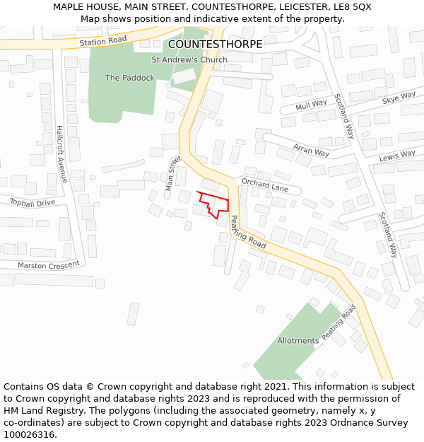 MAPLE HOUSE, MAIN STREET, COUNTESTHORPE, LEICESTER, LE8 5QX: Location map and indicative extent of plot