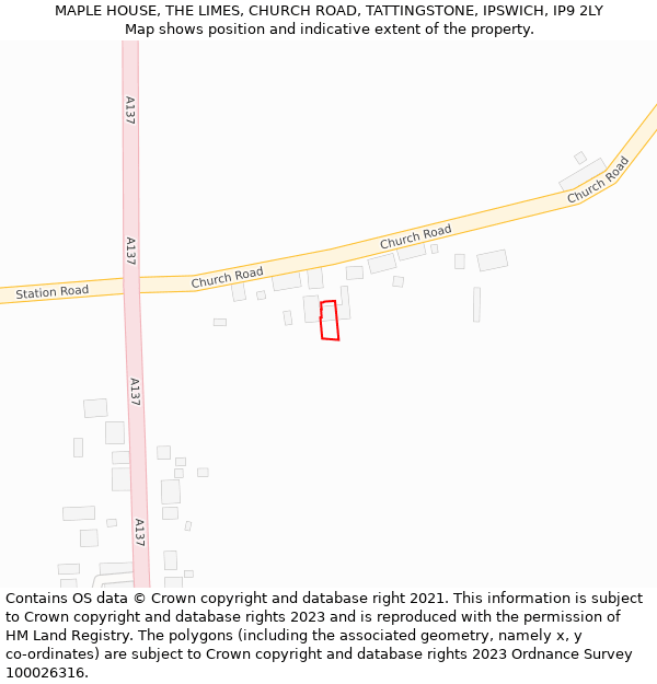 MAPLE HOUSE, THE LIMES, CHURCH ROAD, TATTINGSTONE, IPSWICH, IP9 2LY: Location map and indicative extent of plot