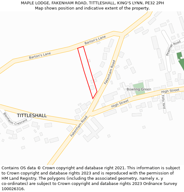 MAPLE LODGE, FAKENHAM ROAD, TITTLESHALL, KING'S LYNN, PE32 2PH: Location map and indicative extent of plot