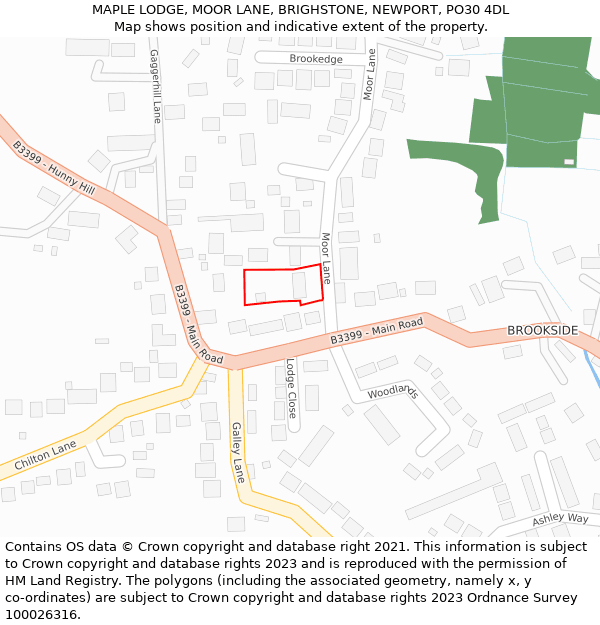 MAPLE LODGE, MOOR LANE, BRIGHSTONE, NEWPORT, PO30 4DL: Location map and indicative extent of plot
