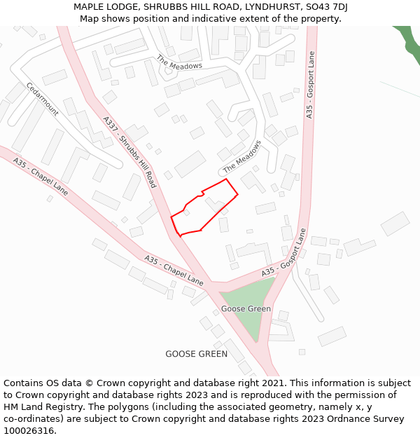 MAPLE LODGE, SHRUBBS HILL ROAD, LYNDHURST, SO43 7DJ: Location map and indicative extent of plot