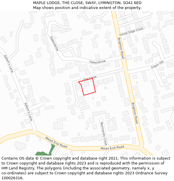 MAPLE LODGE, THE CLOSE, SWAY, LYMINGTON, SO41 6ED: Location map and indicative extent of plot