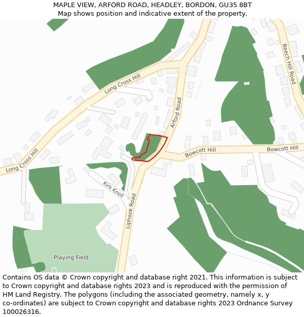 MAPLE VIEW, ARFORD ROAD, HEADLEY, BORDON, GU35 8BT: Location map and indicative extent of plot