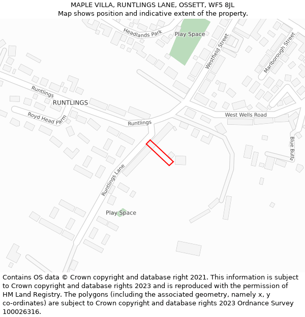 MAPLE VILLA, RUNTLINGS LANE, OSSETT, WF5 8JL: Location map and indicative extent of plot