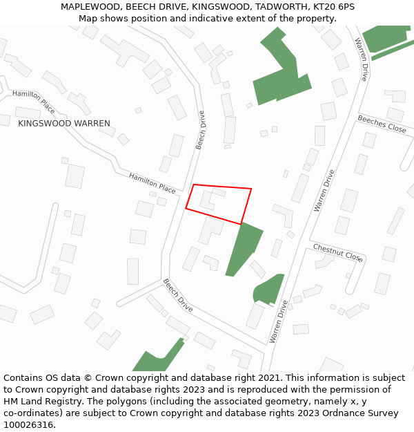 MAPLEWOOD, BEECH DRIVE, KINGSWOOD, TADWORTH, KT20 6PS: Location map and indicative extent of plot