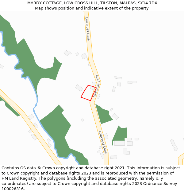 MARDY COTTAGE, LOW CROSS HILL, TILSTON, MALPAS, SY14 7DX: Location map and indicative extent of plot