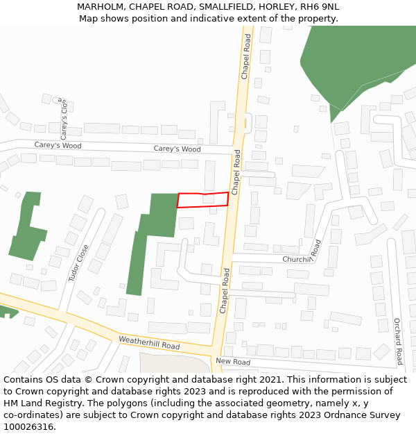 MARHOLM, CHAPEL ROAD, SMALLFIELD, HORLEY, RH6 9NL: Location map and indicative extent of plot