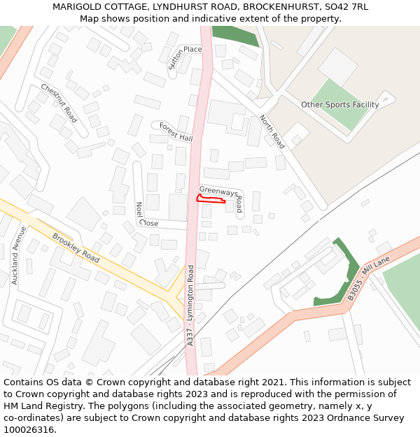 MARIGOLD COTTAGE, LYNDHURST ROAD, BROCKENHURST, SO42 7RL: Location map and indicative extent of plot