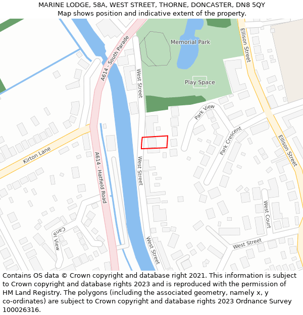MARINE LODGE, 58A, WEST STREET, THORNE, DONCASTER, DN8 5QY: Location map and indicative extent of plot