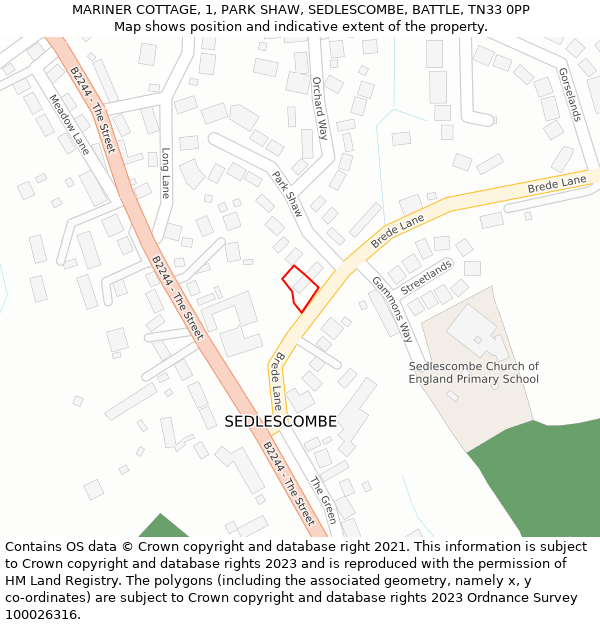 MARINER COTTAGE, 1, PARK SHAW, SEDLESCOMBE, BATTLE, TN33 0PP: Location map and indicative extent of plot