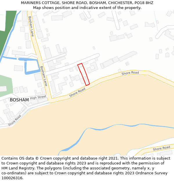 MARINERS COTTAGE, SHORE ROAD, BOSHAM, CHICHESTER, PO18 8HZ: Location map and indicative extent of plot