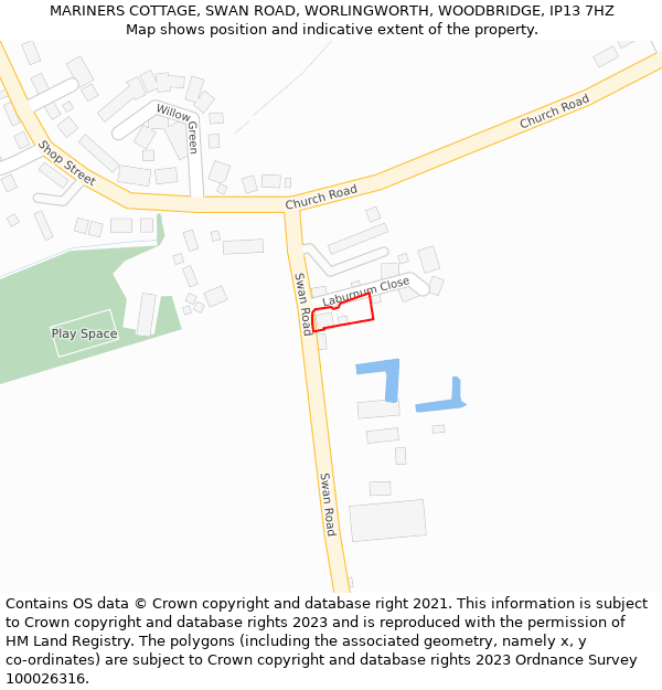 MARINERS COTTAGE, SWAN ROAD, WORLINGWORTH, WOODBRIDGE, IP13 7HZ: Location map and indicative extent of plot