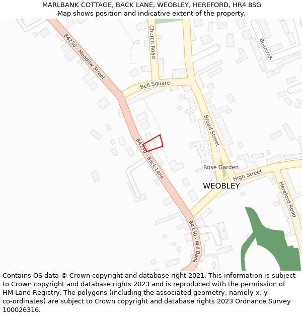 MARLBANK COTTAGE, BACK LANE, WEOBLEY, HEREFORD, HR4 8SG: Location map and indicative extent of plot
