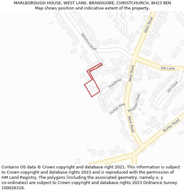 MARLBOROUGH HOUSE, WEST LANE, BRANSGORE, CHRISTCHURCH, BH23 8EN: Location map and indicative extent of plot