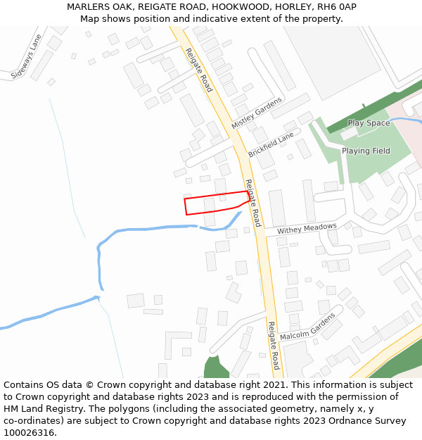 MARLERS OAK, REIGATE ROAD, HOOKWOOD, HORLEY, RH6 0AP: Location map and indicative extent of plot