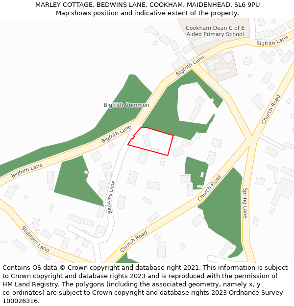 MARLEY COTTAGE, BEDWINS LANE, COOKHAM, MAIDENHEAD, SL6 9PU: Location map and indicative extent of plot