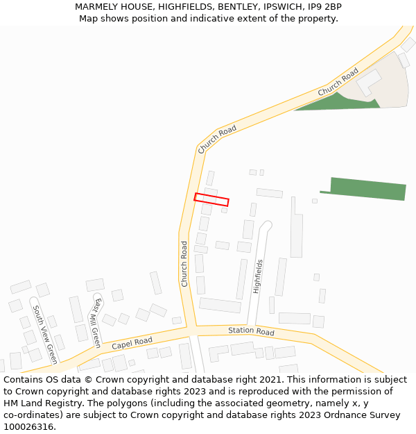 MARMELY HOUSE, HIGHFIELDS, BENTLEY, IPSWICH, IP9 2BP: Location map and indicative extent of plot