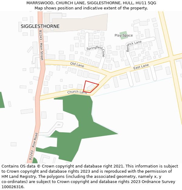 MARRSWOOD, CHURCH LANE, SIGGLESTHORNE, HULL, HU11 5QG: Location map and indicative extent of plot