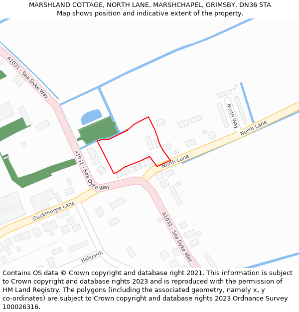 MARSHLAND COTTAGE, NORTH LANE, MARSHCHAPEL, GRIMSBY, DN36 5TA: Location map and indicative extent of plot