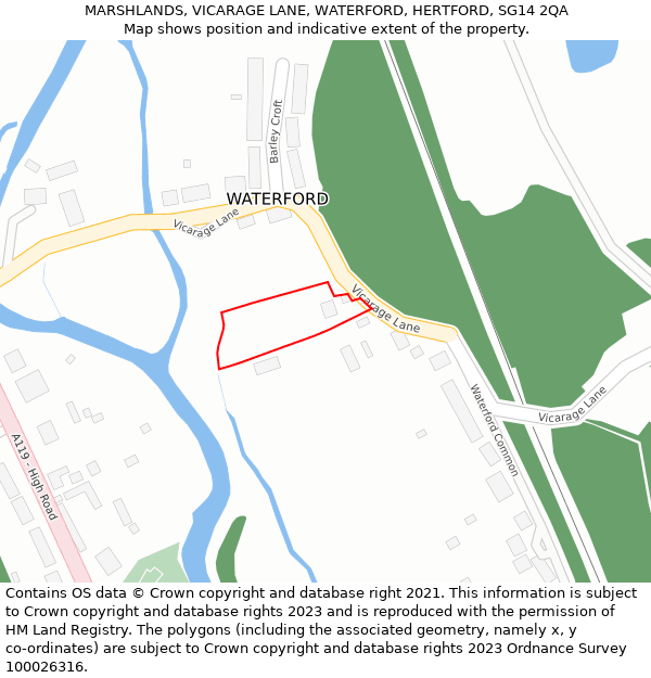 MARSHLANDS, VICARAGE LANE, WATERFORD, HERTFORD, SG14 2QA: Location map and indicative extent of plot