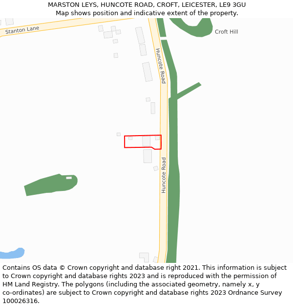 MARSTON LEYS, HUNCOTE ROAD, CROFT, LEICESTER, LE9 3GU: Location map and indicative extent of plot