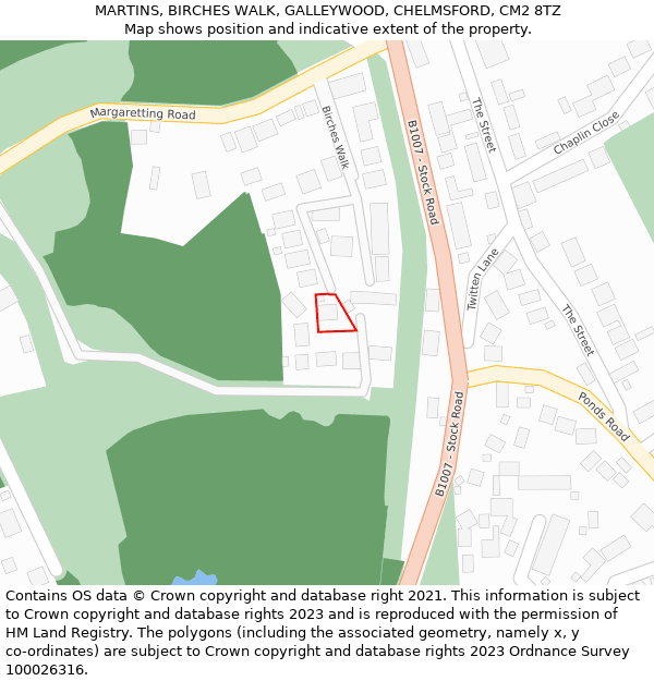 MARTINS, BIRCHES WALK, GALLEYWOOD, CHELMSFORD, CM2 8TZ: Location map and indicative extent of plot