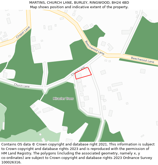 MARTINS, CHURCH LANE, BURLEY, RINGWOOD, BH24 4BD: Location map and indicative extent of plot