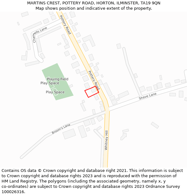 MARTINS CREST, POTTERY ROAD, HORTON, ILMINSTER, TA19 9QN: Location map and indicative extent of plot